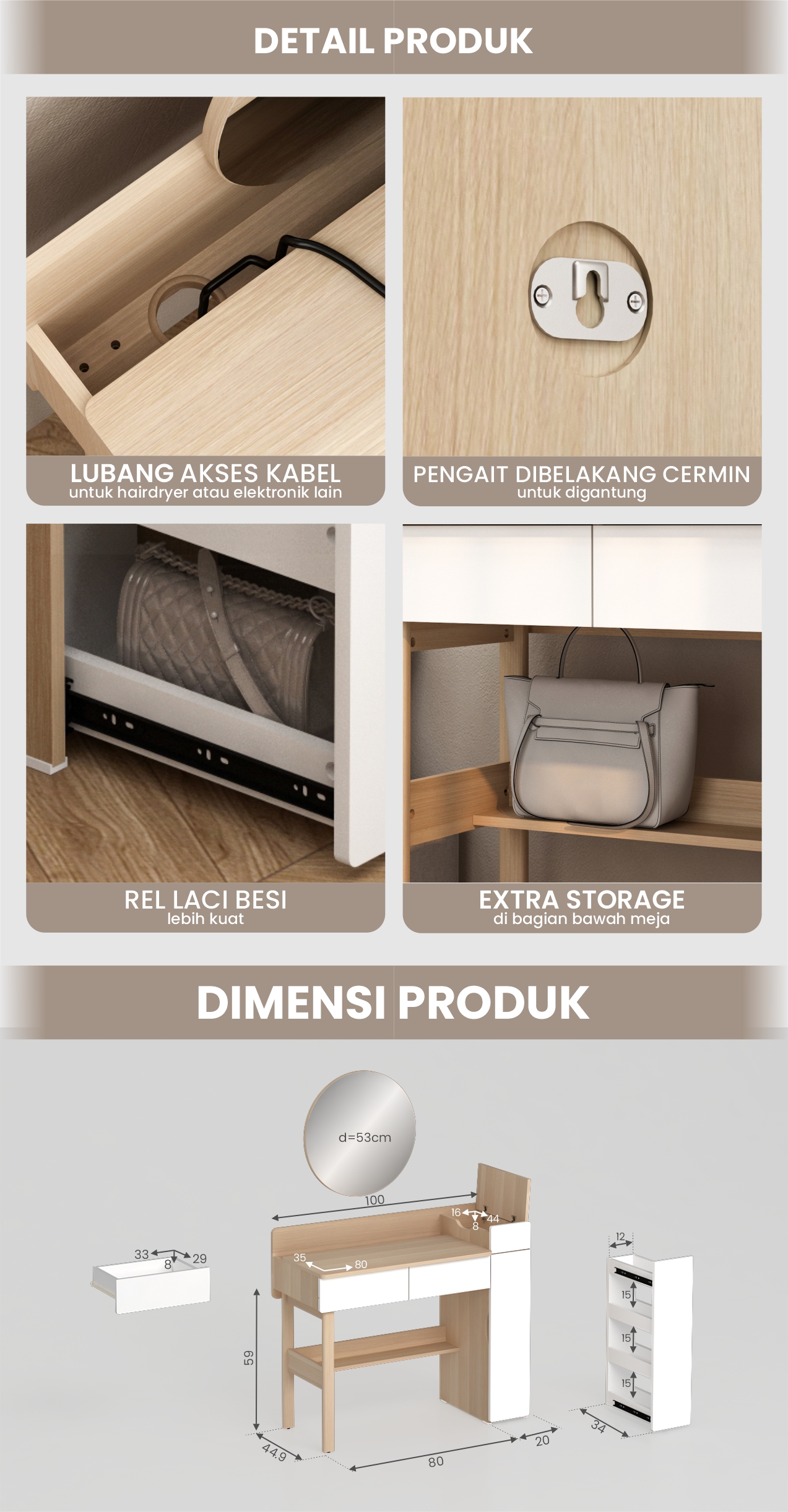 Infografik PIRA - LAURA DS100 MEJA RIAS DENGAN CERMIN LEPAS PASANG / MEJA BELAJAR / MEJA KERJA warna PRO OAK - WHITE SM - PIRA - halaman 5