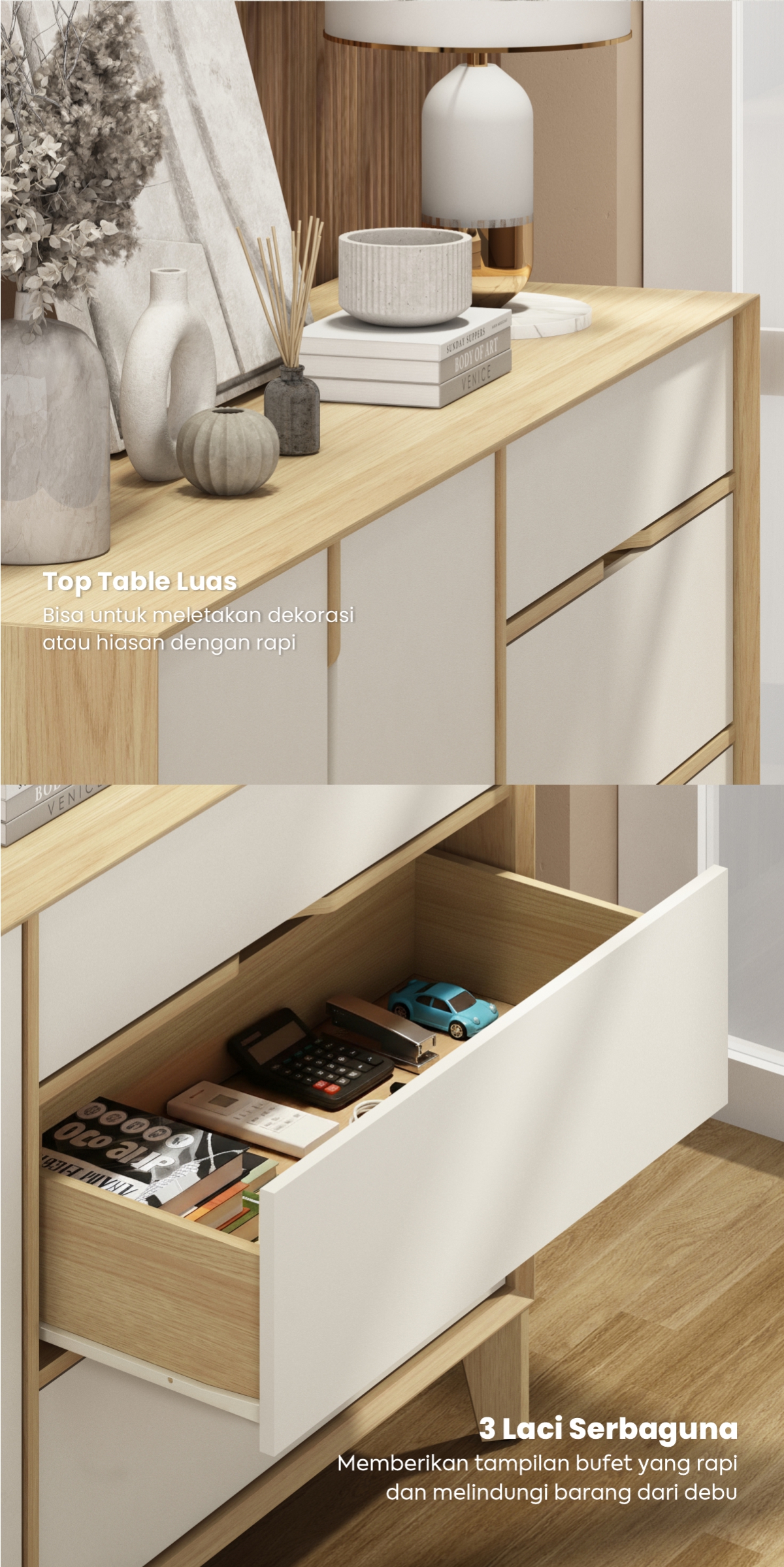 Infografik PIRA -  LUCA SB160 BUFET / SIDEBOARD / LEMARI KABINET / MEJA TV warna EURO OAK - LIGHT TAUPE - PIRA - halaman 3