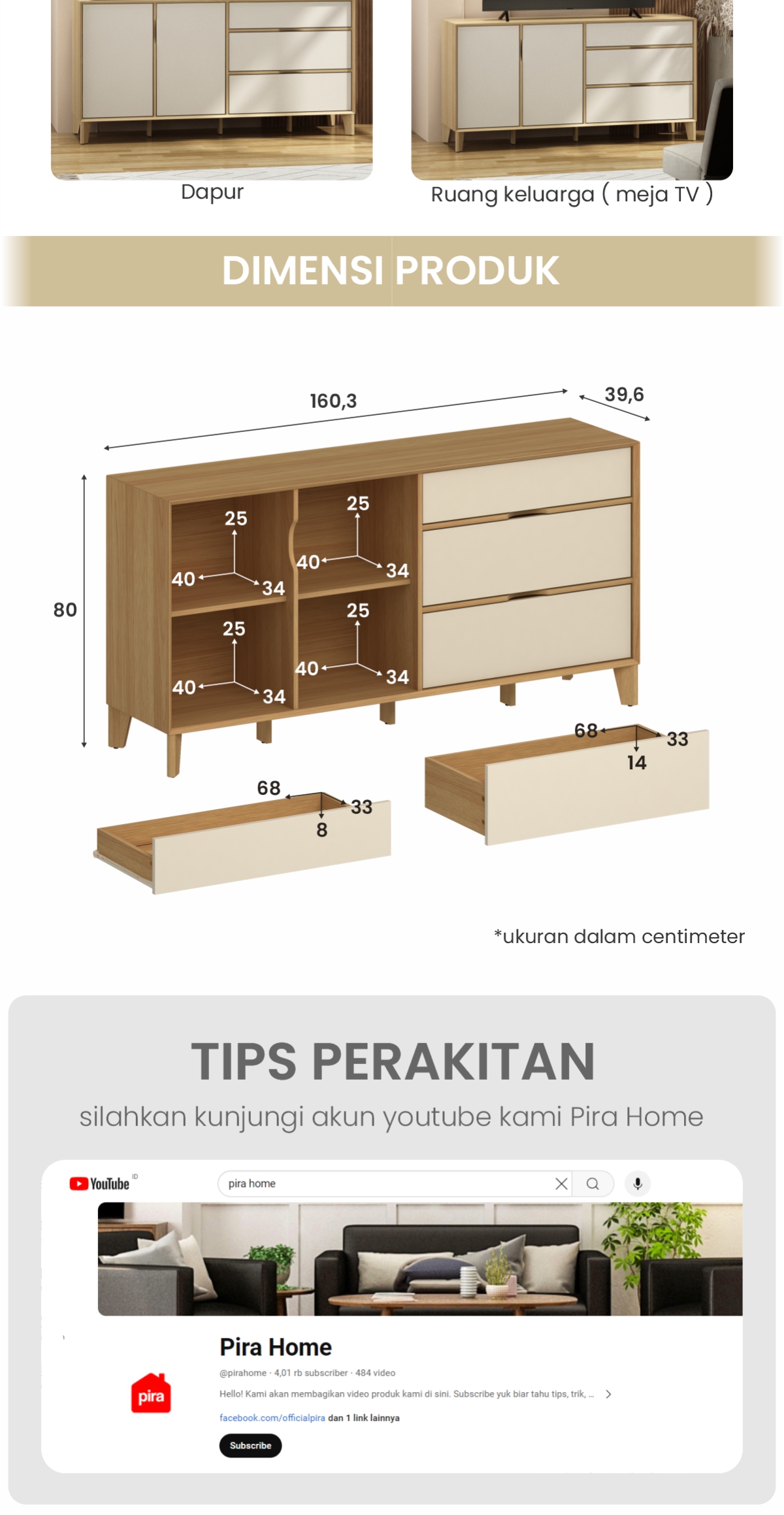 Infografik PIRA -  LUCA SB160 BUFET / SIDEBOARD / LEMARI KABINET / MEJA TV warna EURO OAK - LIGHT TAUPE - PIRA - halaman 5