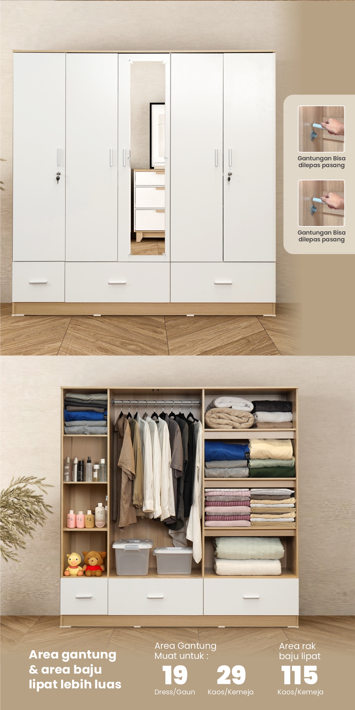 Infografik PIRA METROPOLIS OX -  ARUNA BL5P 3DR LEMARI PAKAIAN 5 PINTU / LEMARI BAJU DENGAN LACI warna PRO OAK - WHITE - PIRA METROPOLIS OX - halaman 2