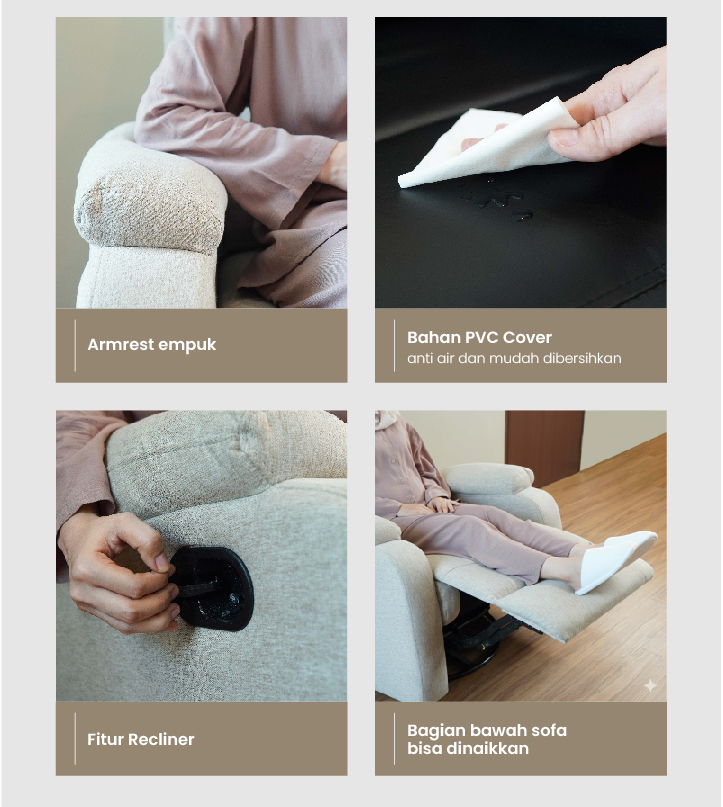 Infografik PIRA - GORO 1 RS SOFA / SOFA RECLINER / SOFA RECLINER 1 SEATER DENGAN FITUR ROCKING (AYUN) DAN SWIVEL warna LIGHT BROWN - PIRA - halaman 5