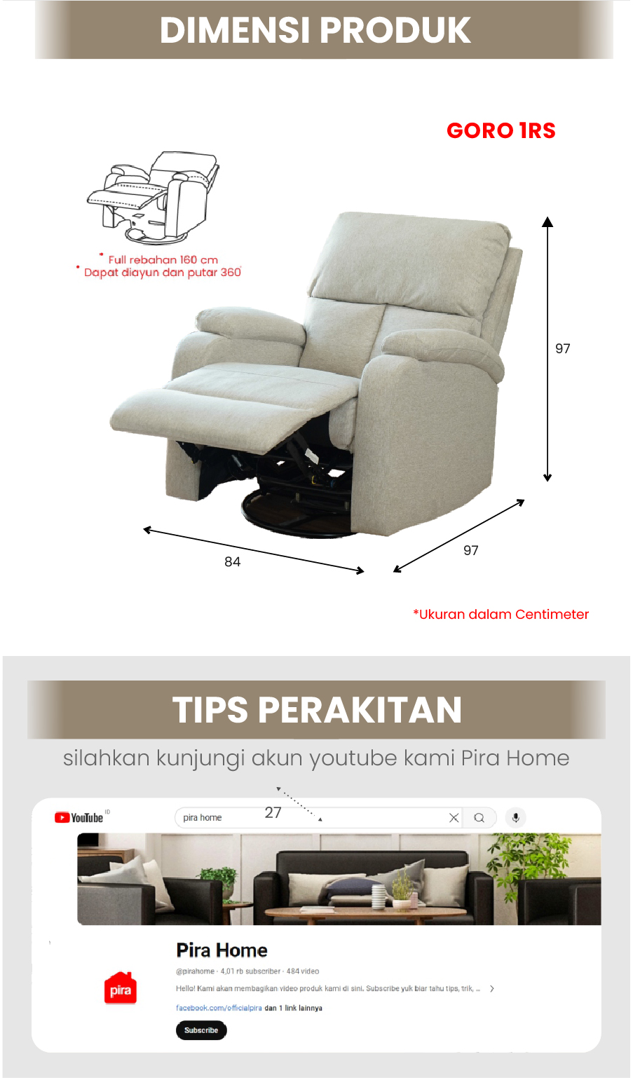 Infografik PIRA - GORO 1 RS SOFA / SOFA RECLINER / SOFA RECLINER 1 SEATER DENGAN FITUR ROCKING (AYUN) DAN SWIVEL warna LIGHT BROWN - PIRA - halaman 6