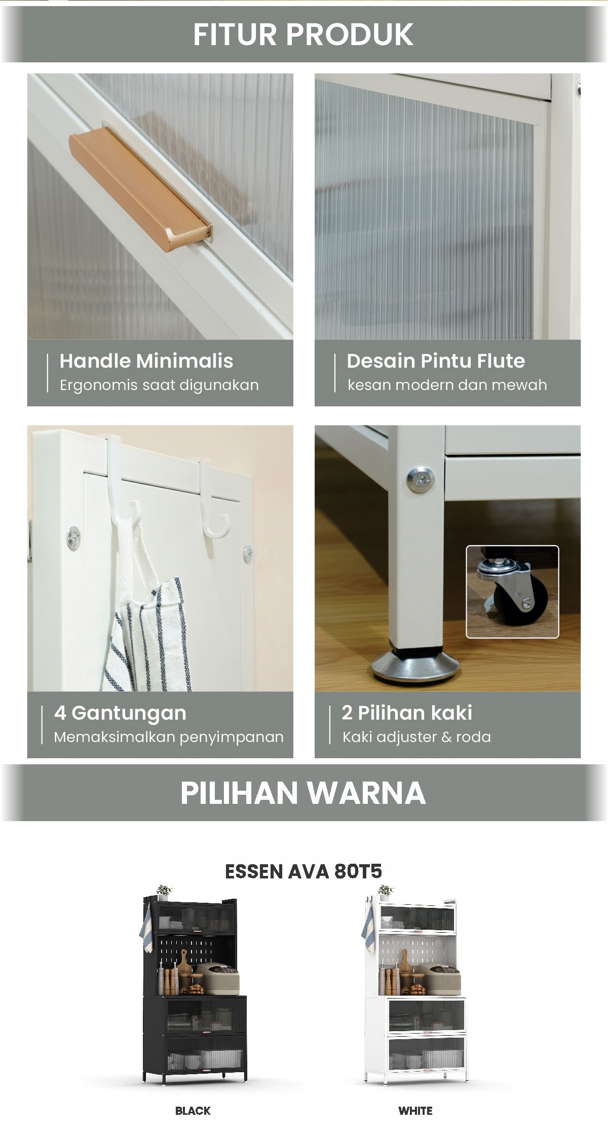 Infografik PIRA - ESSEN AVA MKC 80T5 LEMARI DAPUR / RAK DAPUR / RAK OVEN / RAK MICROWAVE / RAK PIRING / RAK DAPUR BESI warna WHITE - PIRA - halaman 5