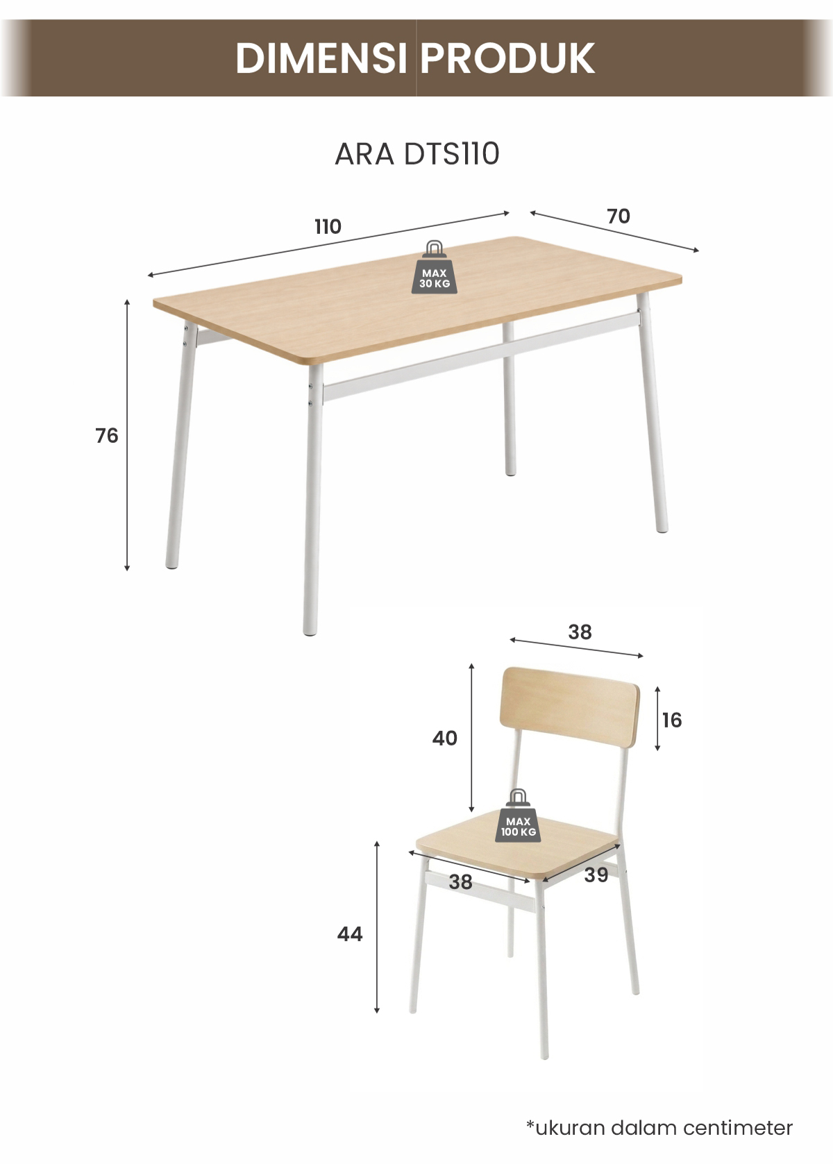 Infografik PIRA - ARA DTS110 MEJA MAKAN SET 4 KURSI warna CREAM OAK - WHITE - PIRA - halaman 6