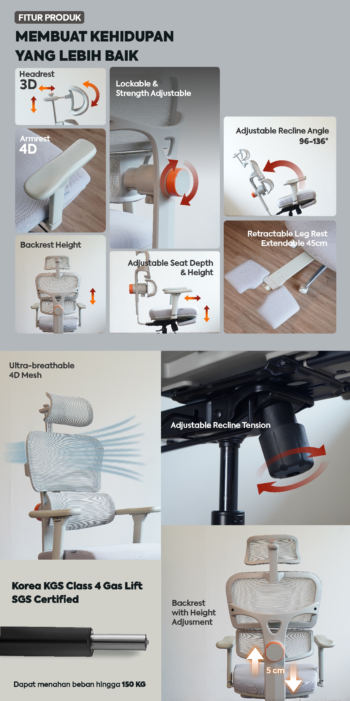 Infografik WORKDESIGN ANISEYA PC KURSI KANTOR / KURSI KERJA ERGONOMIS DENGAN LUMBAR SUPPORT warna GREY - WORKDESIGN - halaman 2