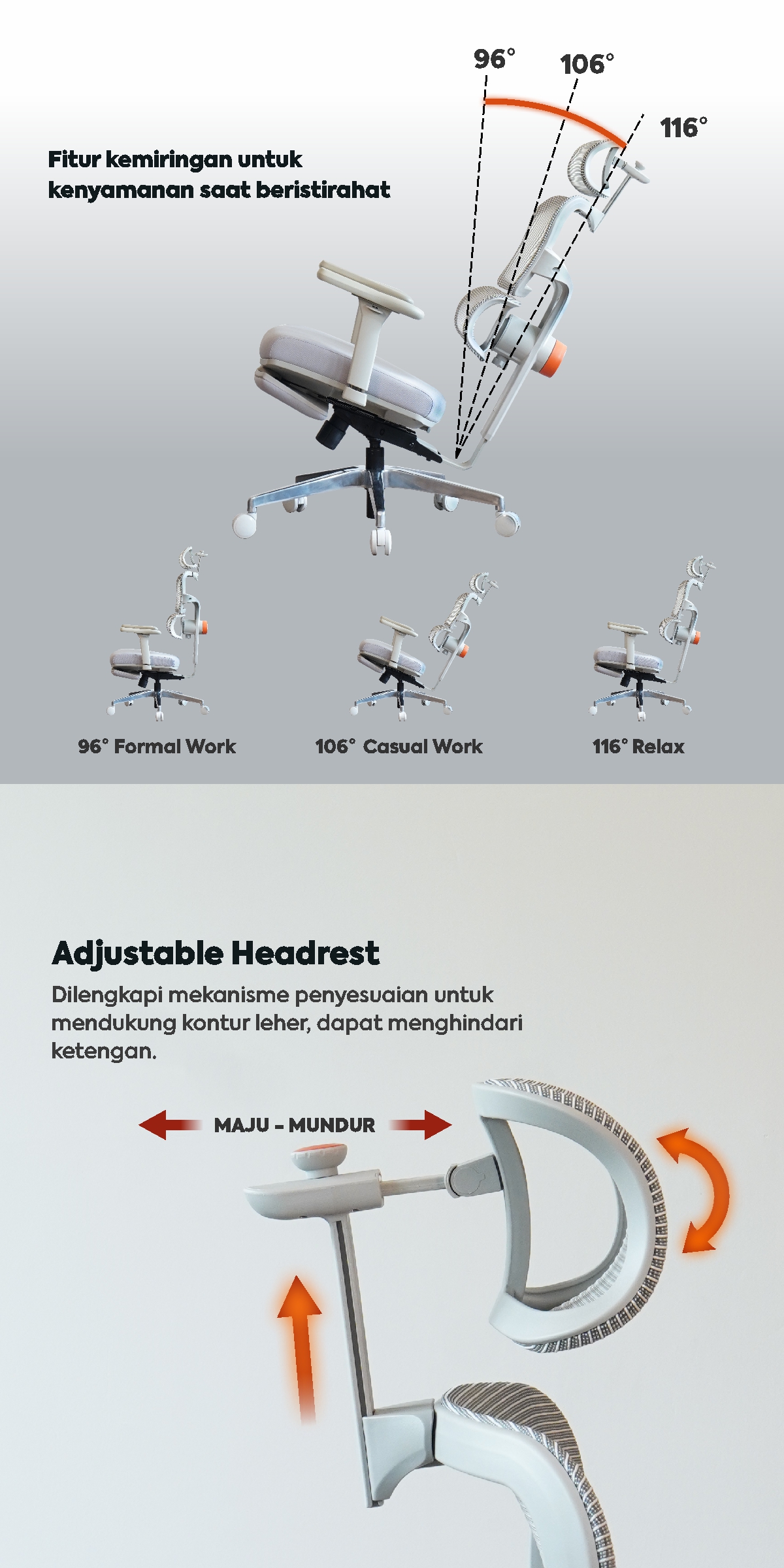 Infografik WORKDESIGN ANISEYA PC KURSI KANTOR / KURSI KERJA ERGONOMIS DENGAN LUMBAR SUPPORT warna GREY - WORKDESIGN - halaman 3