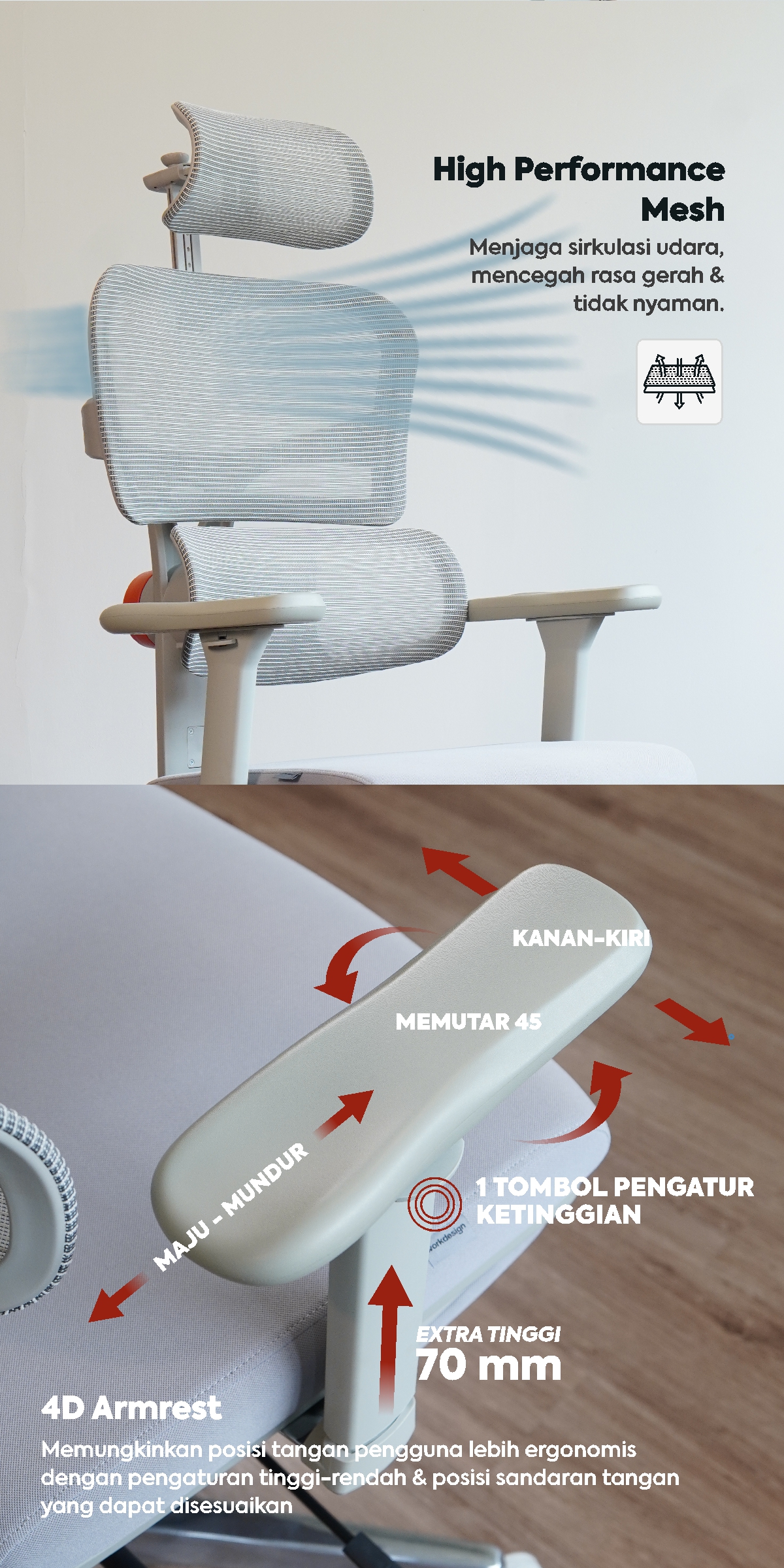 Infografik WORKDESIGN ANISEYA PC KURSI KANTOR / KURSI KERJA ERGONOMIS DENGAN LUMBAR SUPPORT warna GREY - WORKDESIGN - halaman 4