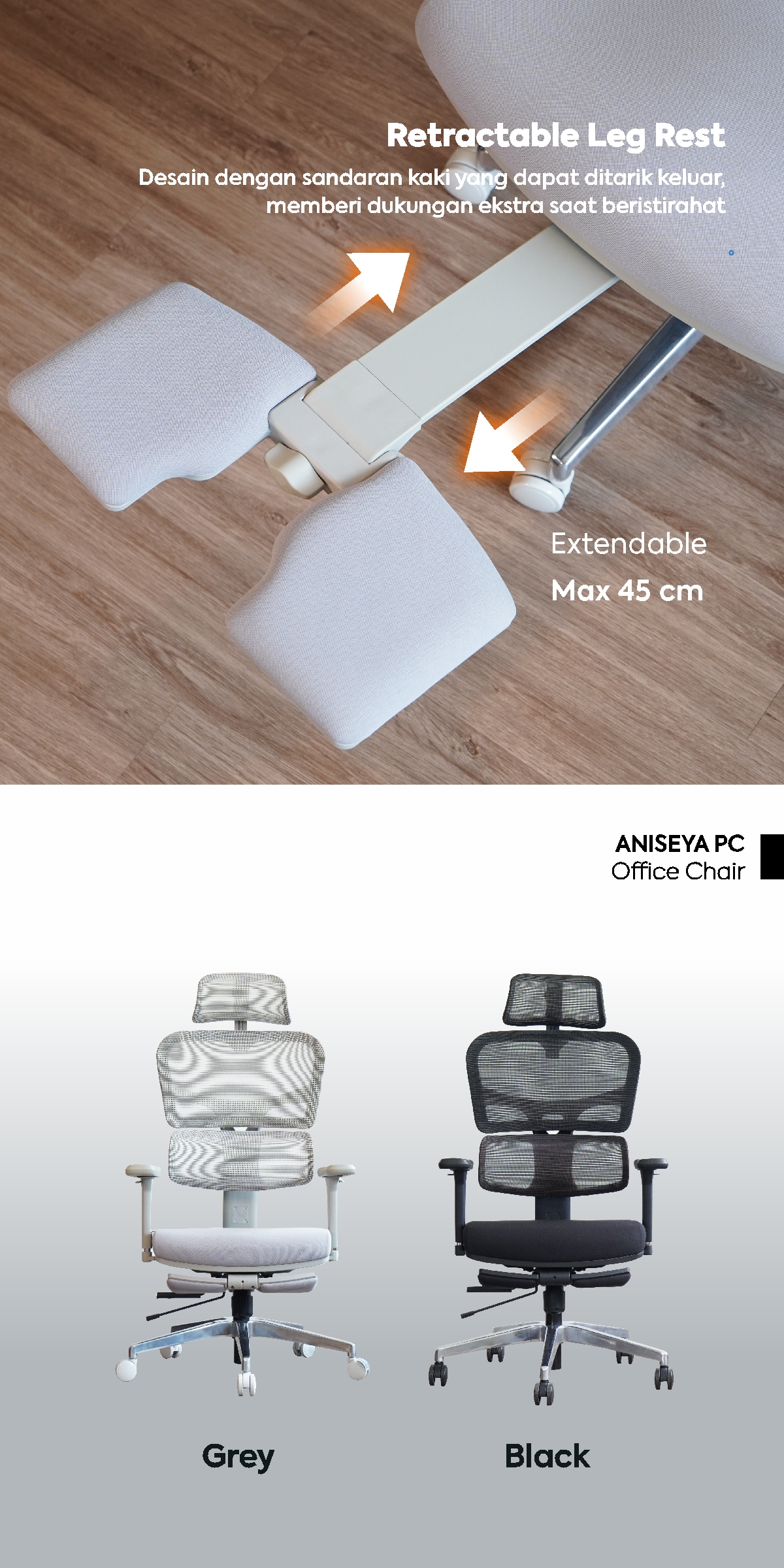 Infografik WORKDESIGN ANISEYA PC KURSI KANTOR / KURSI KERJA ERGONOMIS DENGAN LUMBAR SUPPORT warna GREY - WORKDESIGN - halaman 5