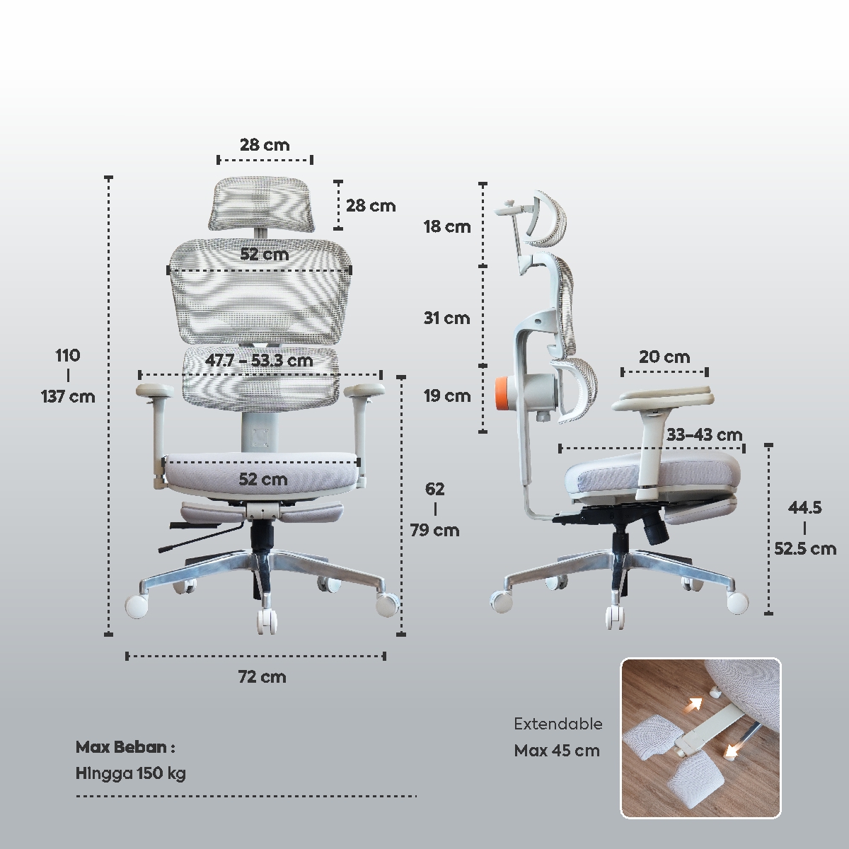 Infografik WORKDESIGN ANISEYA PC KURSI KANTOR / KURSI KERJA ERGONOMIS DENGAN LUMBAR SUPPORT warna GREY - WORKDESIGN - halaman 6