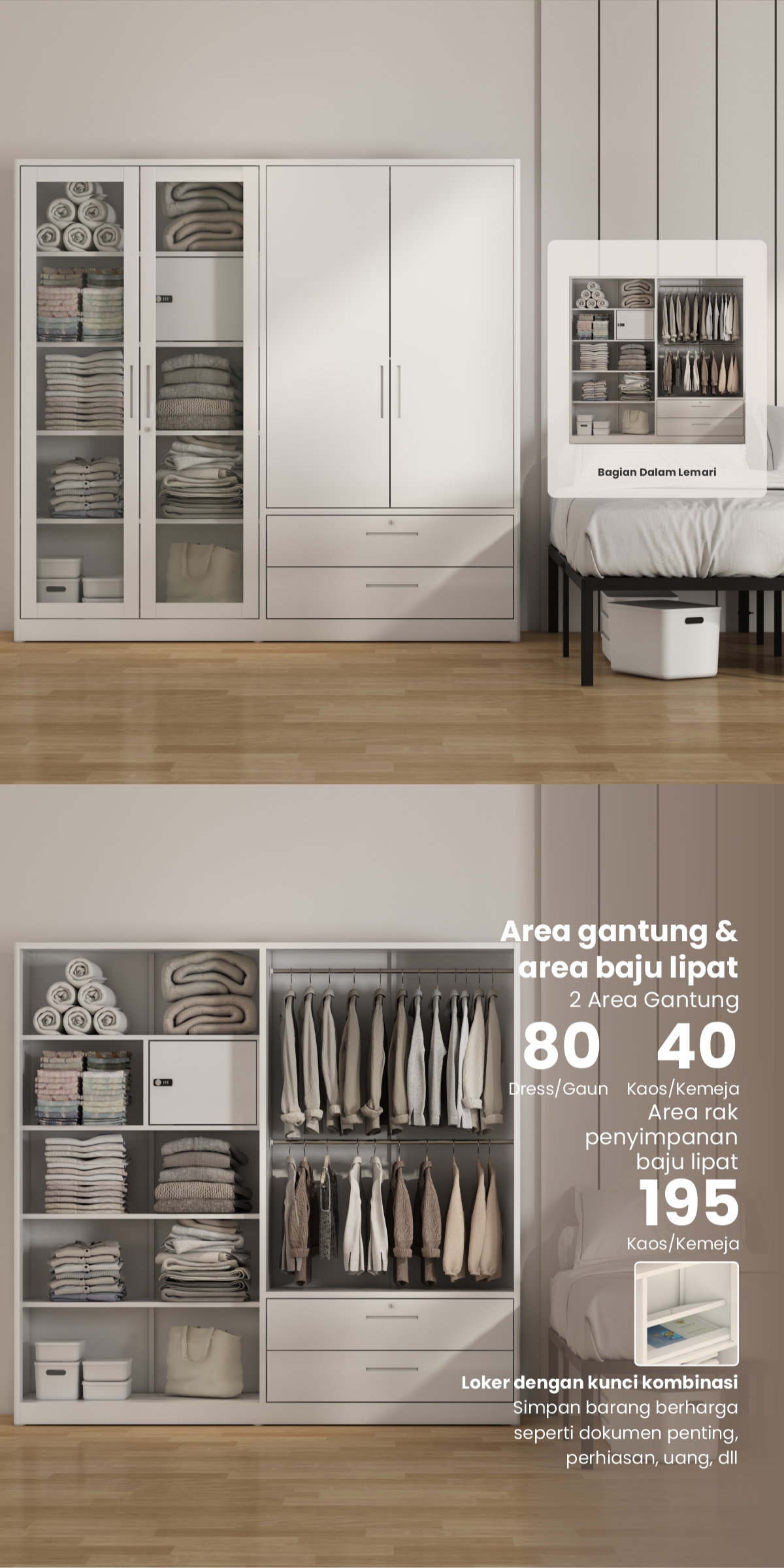 Infografik PIRA -  STEEL 4P 2BDR MWD LEMARI PAKAIAN BESI 4 PINTU / LEMARI BAJU / LEMARI BESI JUMBO DENGAN 2 LACI DAN RAK DISPLAY warna WHITE - PIRA - halaman 2