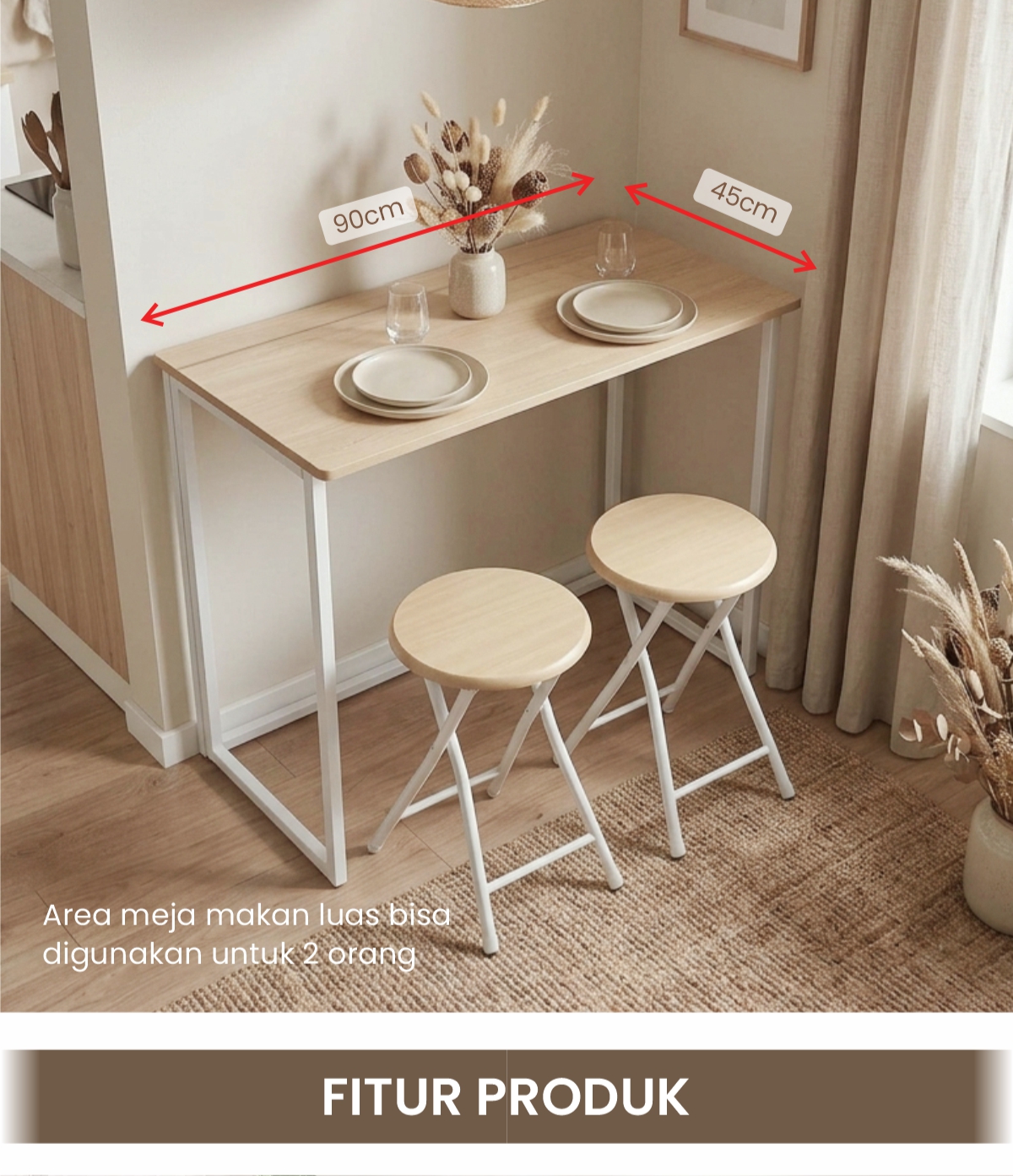 Infografik PIRA - FLIP FDTS90 MEJA MAKAN / MEJA MAKAN LIPAT SET 2 KURSI warna CREAM OAK - WHITE - PIRA - halaman 2