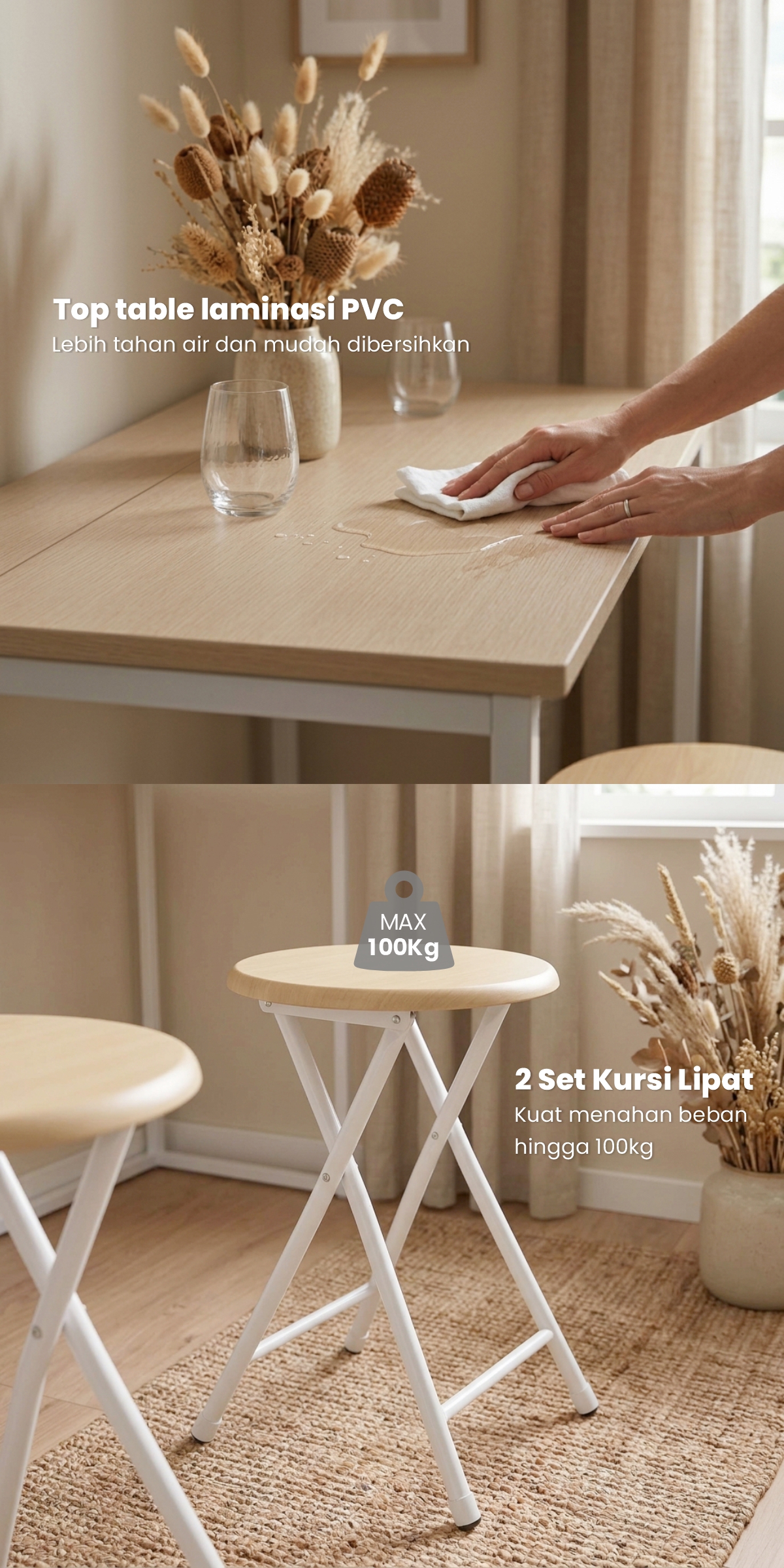 Infografik PIRA - FLIP FDTS90 MEJA MAKAN / MEJA MAKAN LIPAT SET 2 KURSI warna CREAM OAK - WHITE - PIRA - halaman 4