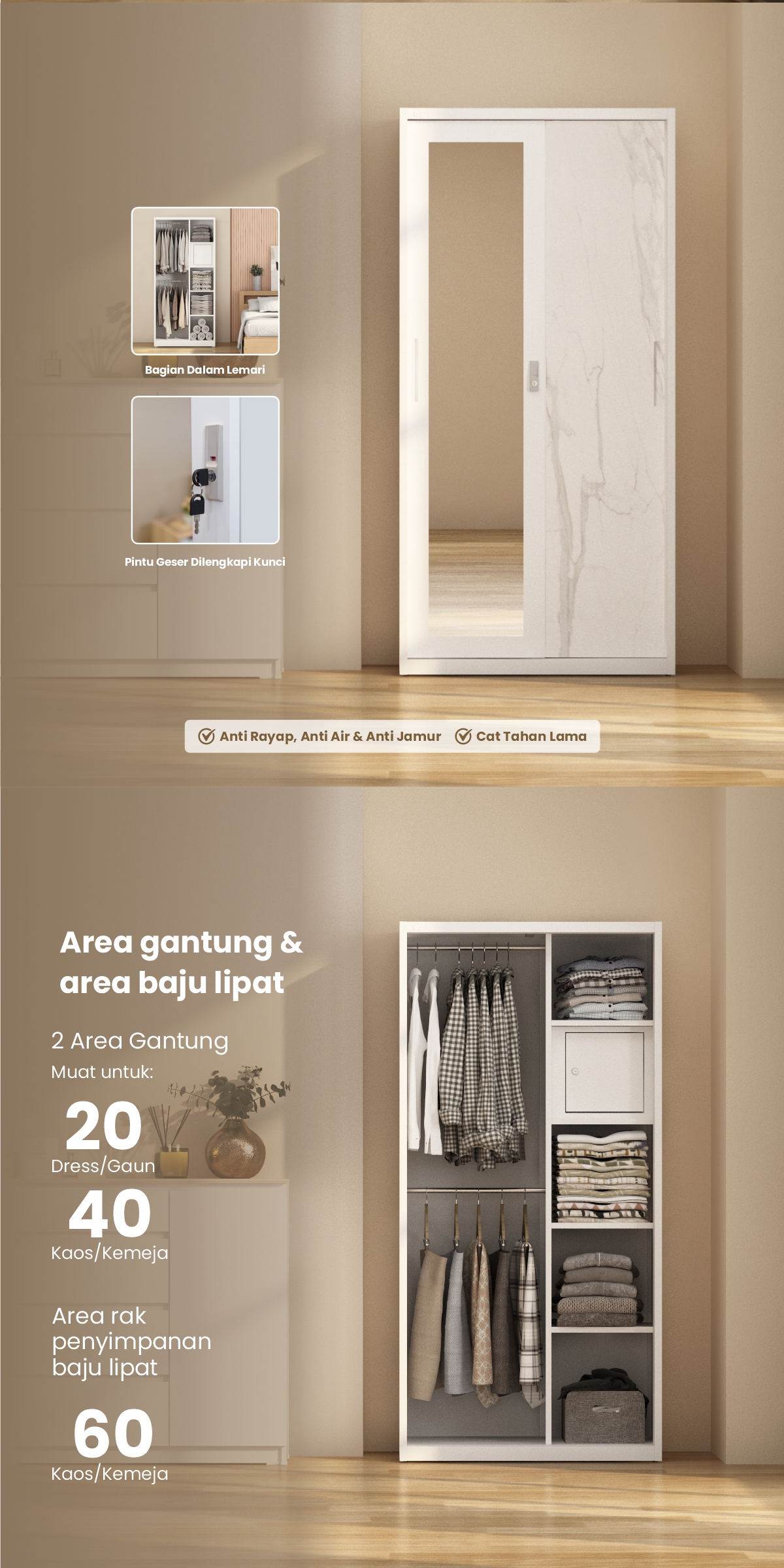 Infografik PIRA - CATTA AVA 90 MWDSL LEMARI PAKAIAN BESI SLIDING / PINTU GESER warna LIGHT MARBLE - WHITE - PIRA - halaman 2