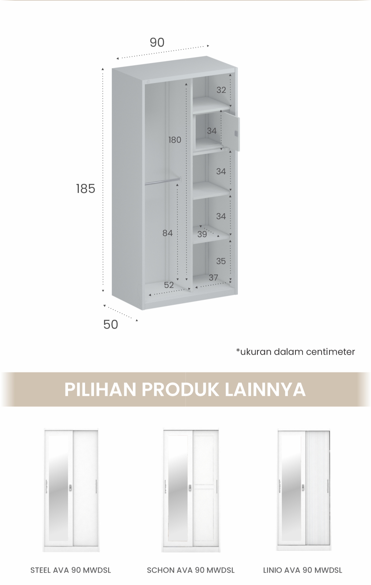 Infografik PIRA - CATTA AVA 90 MWDSL LEMARI PAKAIAN BESI SLIDING / PINTU GESER warna LIGHT MARBLE - WHITE - PIRA - halaman 7