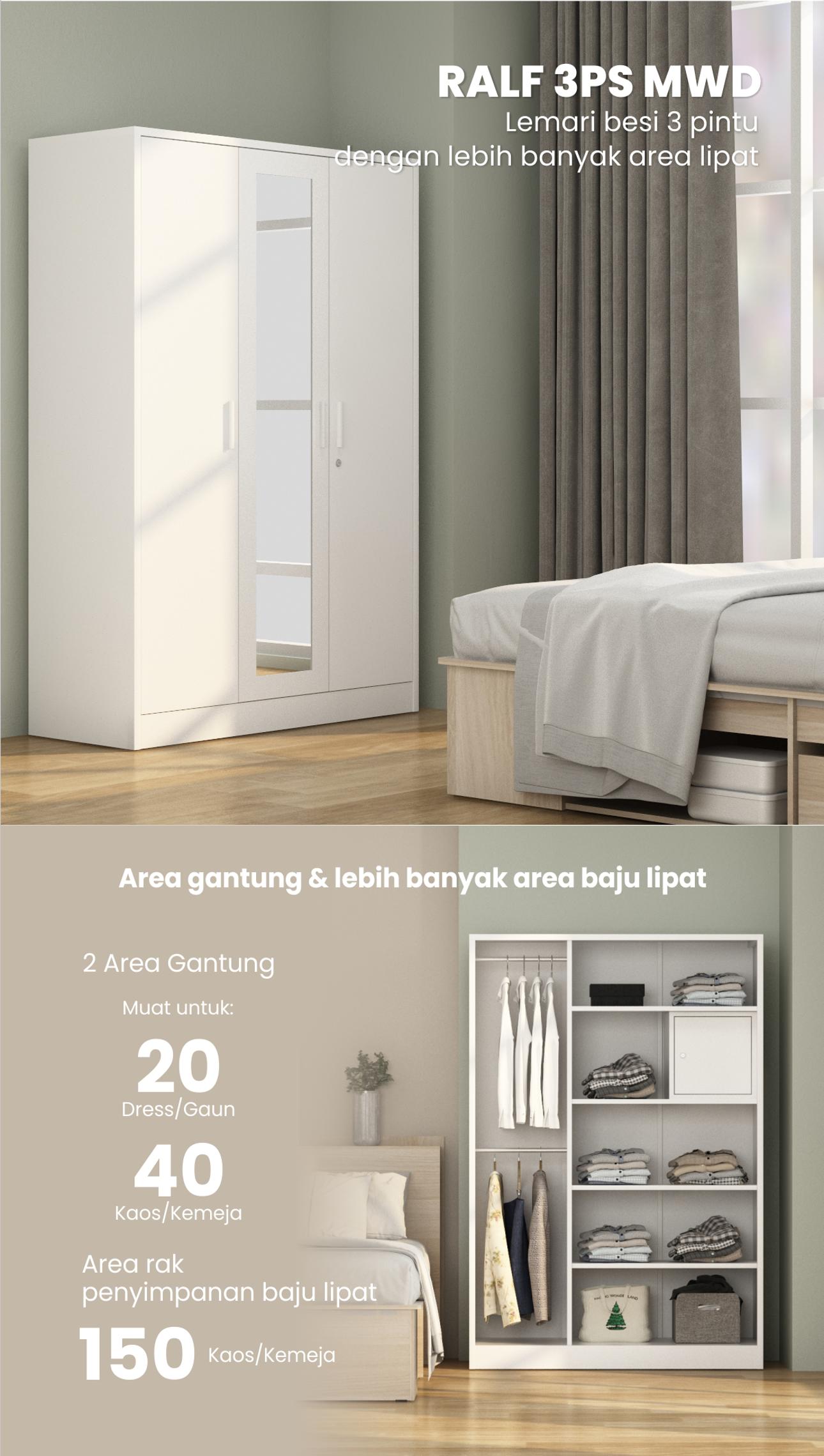 Infografik PIRA OX - RALF 3PS MWD LEMARI PAKAIAN BESI 3 PINTU FULL RAK DENGAN CERMIN warna WHITE - LIGHT GREY - PIRA - halaman 6