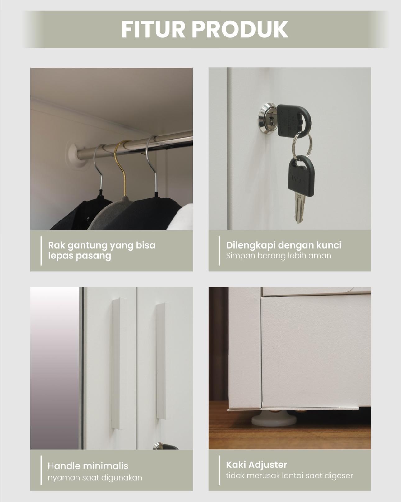Infografik PIRA OX - RALF 3PS MWD LEMARI PAKAIAN BESI 3 PINTU FULL RAK DENGAN CERMIN warna WHITE - LIGHT GREY - PIRA - halaman 8