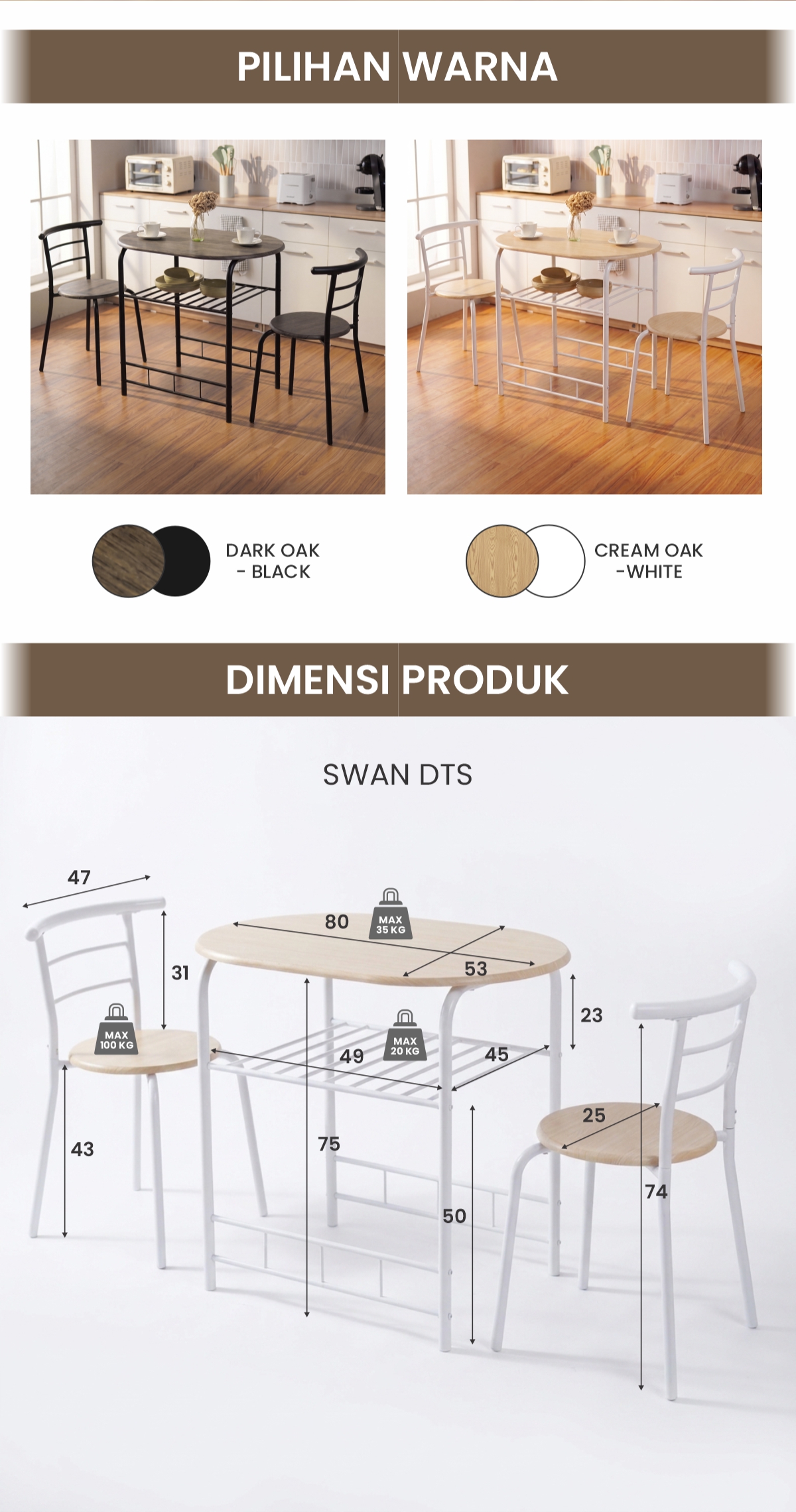 Infografik PIRA - SWAN AVA DTS80 SET MEJA MAKAN DENGAN 2 SET KURSI warna DARK OAK - BLACK - PIRA - halaman 7