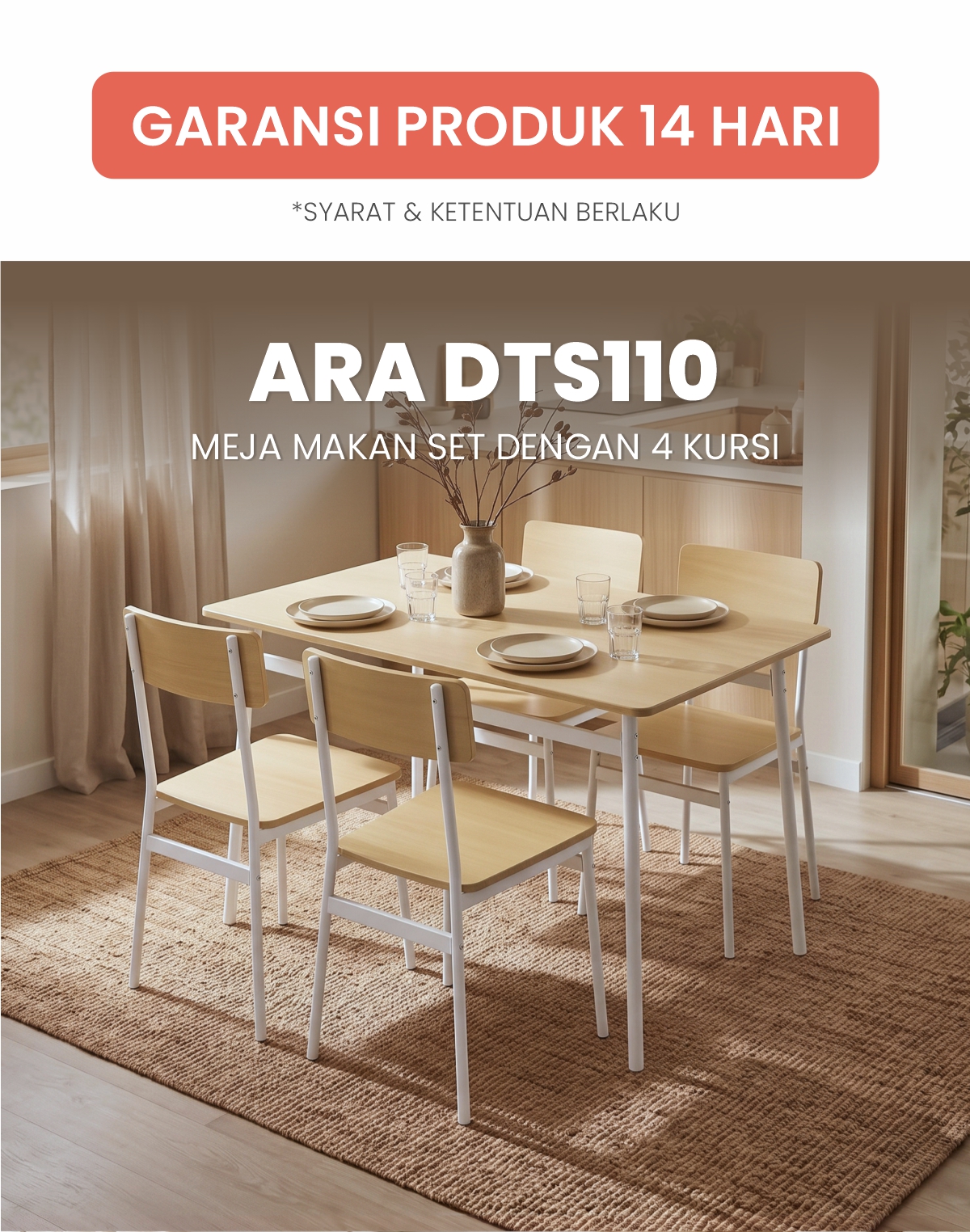 Infografik PIRA - ARA DTS110 MEJA MAKAN SET 4 KURSI warna CREAM OAK - WHITE - PIRA - halaman 1