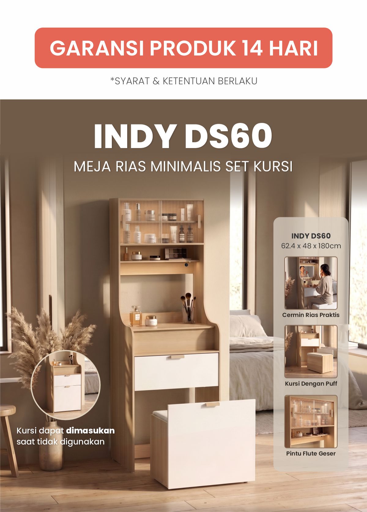 Infografik PIRA METROPOLIS -  INDY DS60 MEJA RIAS / MEJA RIAS SET KURSI / MEJA MAKE UP warna PRO OAK - WHITE - PIRA METROPOLIS - halaman 1