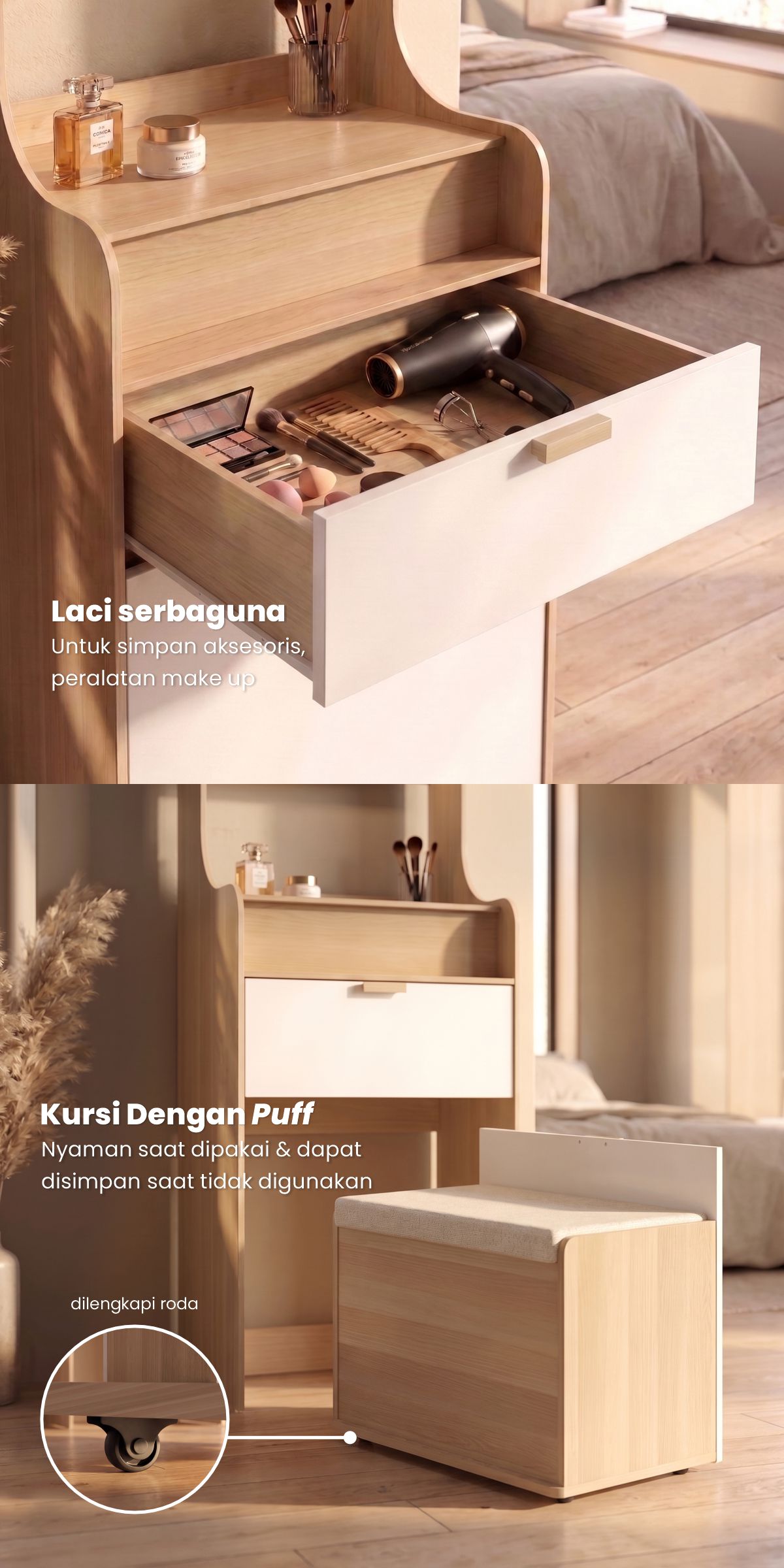 Infografik PIRA METROPOLIS -  INDY DS60 MEJA RIAS / MEJA RIAS SET KURSI / MEJA MAKE UP warna PRO OAK - WHITE - PIRA METROPOLIS - halaman 4