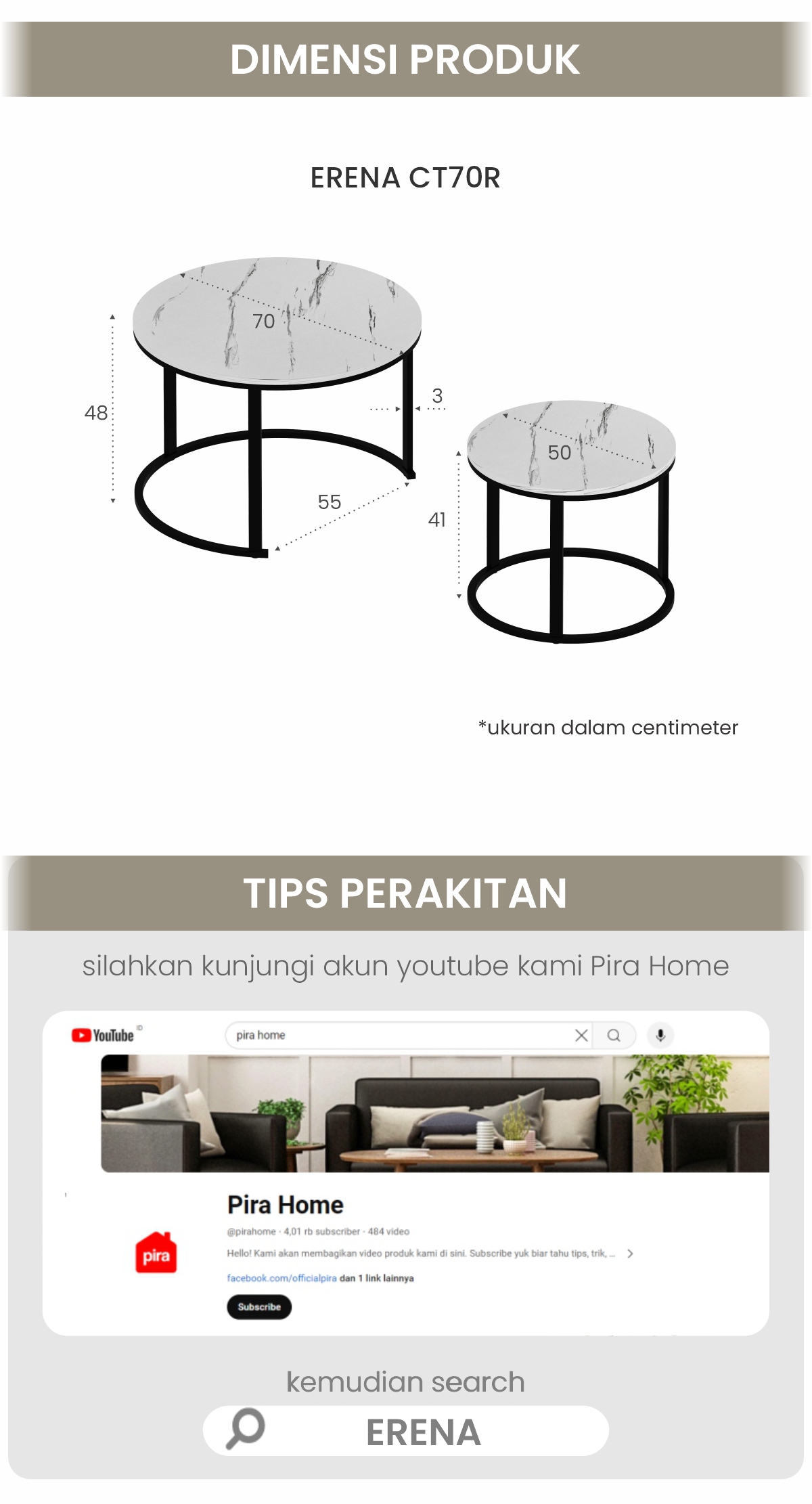 Infografik PIRA -  ERENA CT70 R MEJA TAMU / MEJA TAMU 2 TINGKAT / MEJA KOPI / MEJA RUANG TAMU / MEJA SAMPING warna MARBLE - BLACK - PIRA - halaman 6