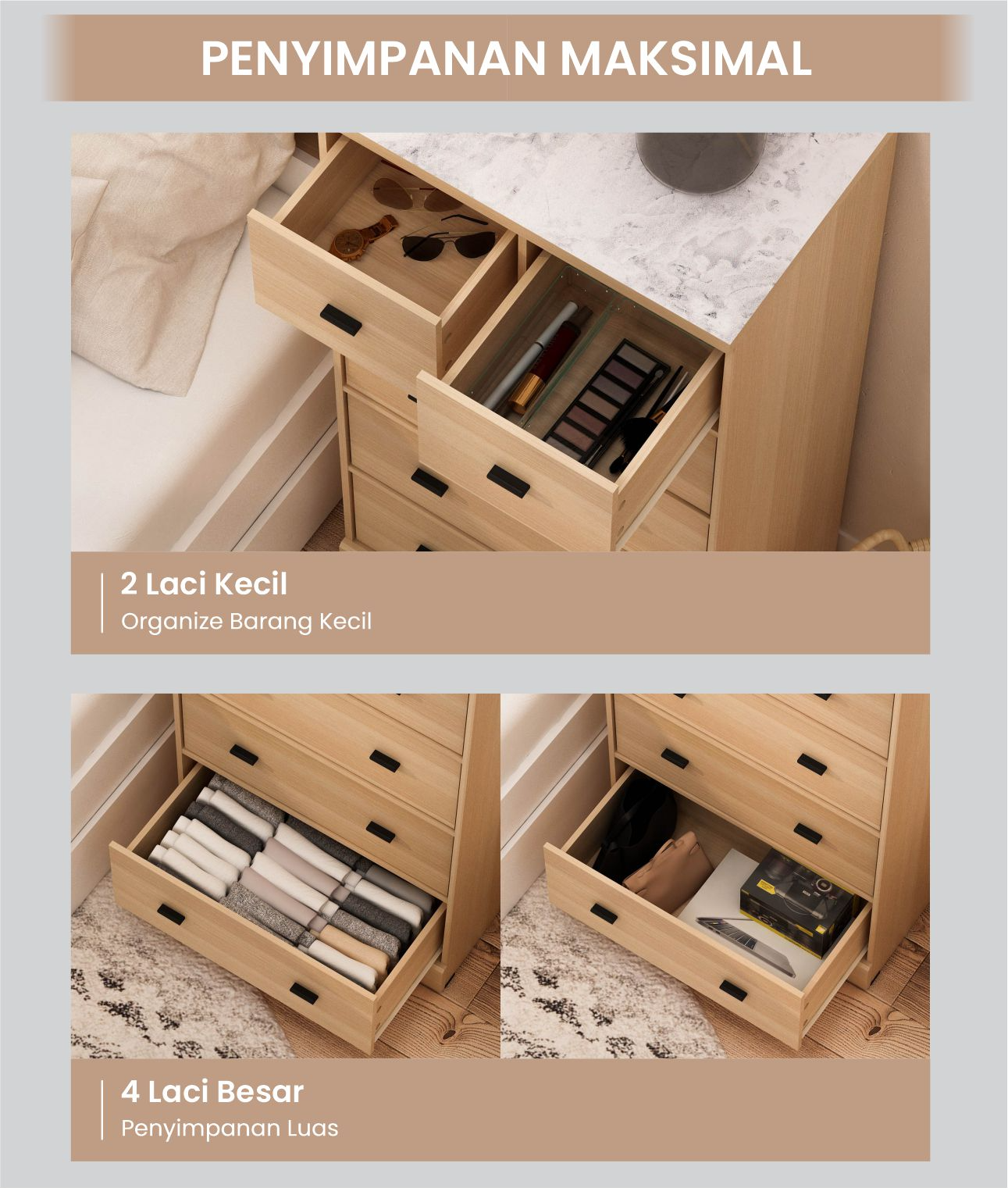 Infografik PIRA METROPOLIS -  YORK CH4+2 LEMARI LACI / LEMARI SUSUN / DRAWER warna PRO OAK - PIRA METROPOLIS - halaman 5
